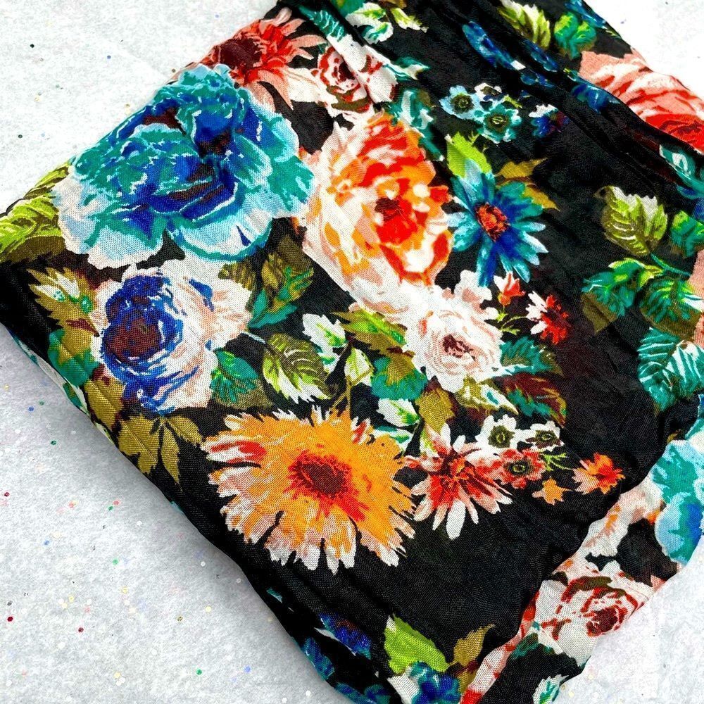Scarf, Wrap l Black splashed with flowers l 72 x 24 l EUC - Picture 6 of 7